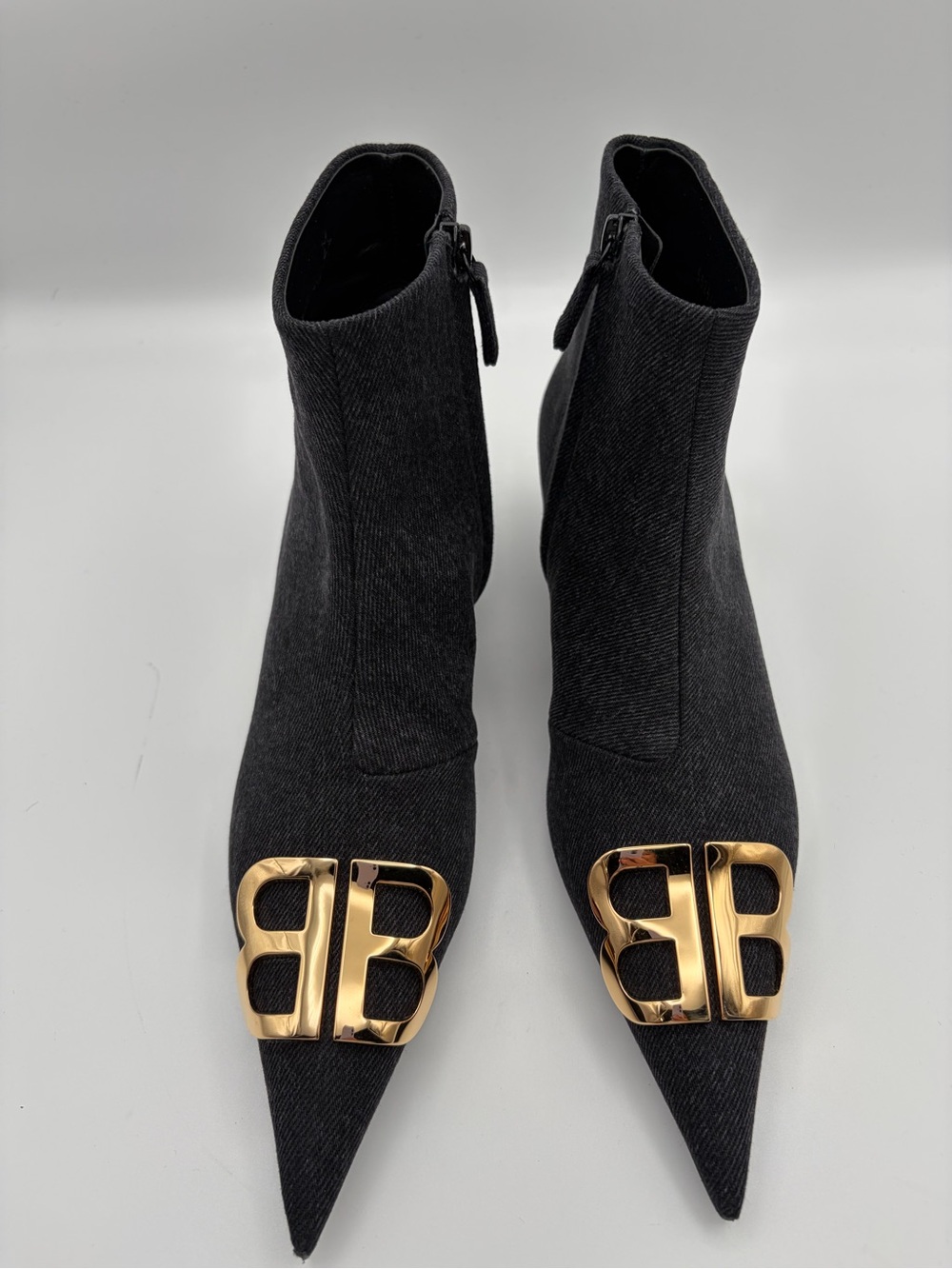Balenciaga BB Logo Knife Ankle Boots Charcoal Wool Gold Hardware Pointed Toe EU - Picture 2 of 14